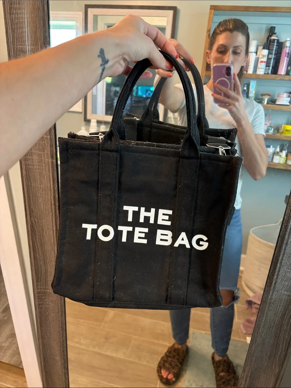Amazon Black Canvas Tote with White 'THE TOTE BAG' Lettering